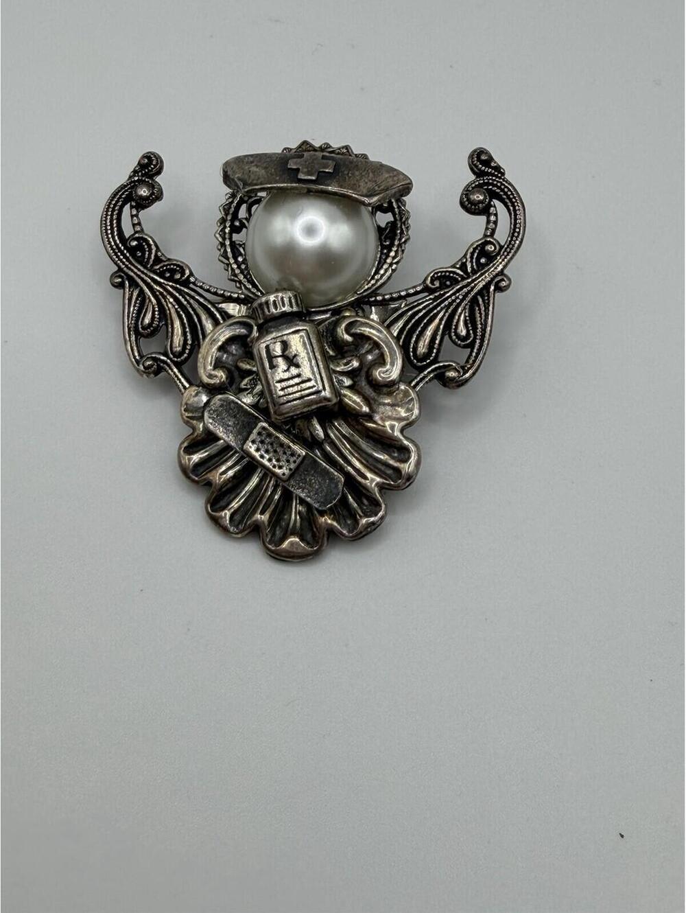 Vintage Rare Guardian Angel Nurse Brooch With Faux Pearl Amazing Detail